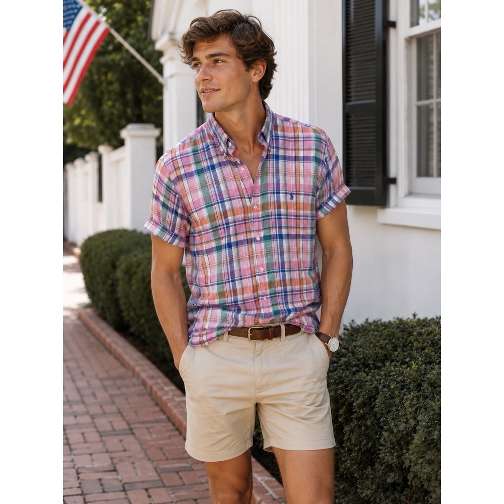 Ralph Lauren 100% Linen Plaid Button Down Short Sleeve Shirt Men's Preppy XL